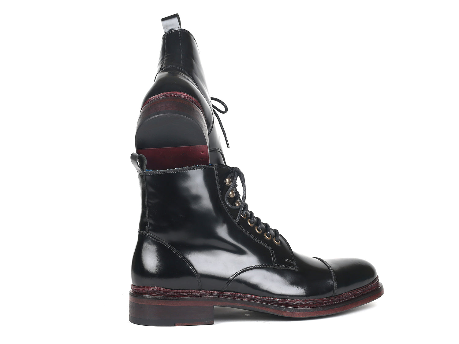 Paul Parkman Polished Leather Boots in Black featuring a cap toe design, Norwegian hand-welted construction, and unique hand-painted leather sole.