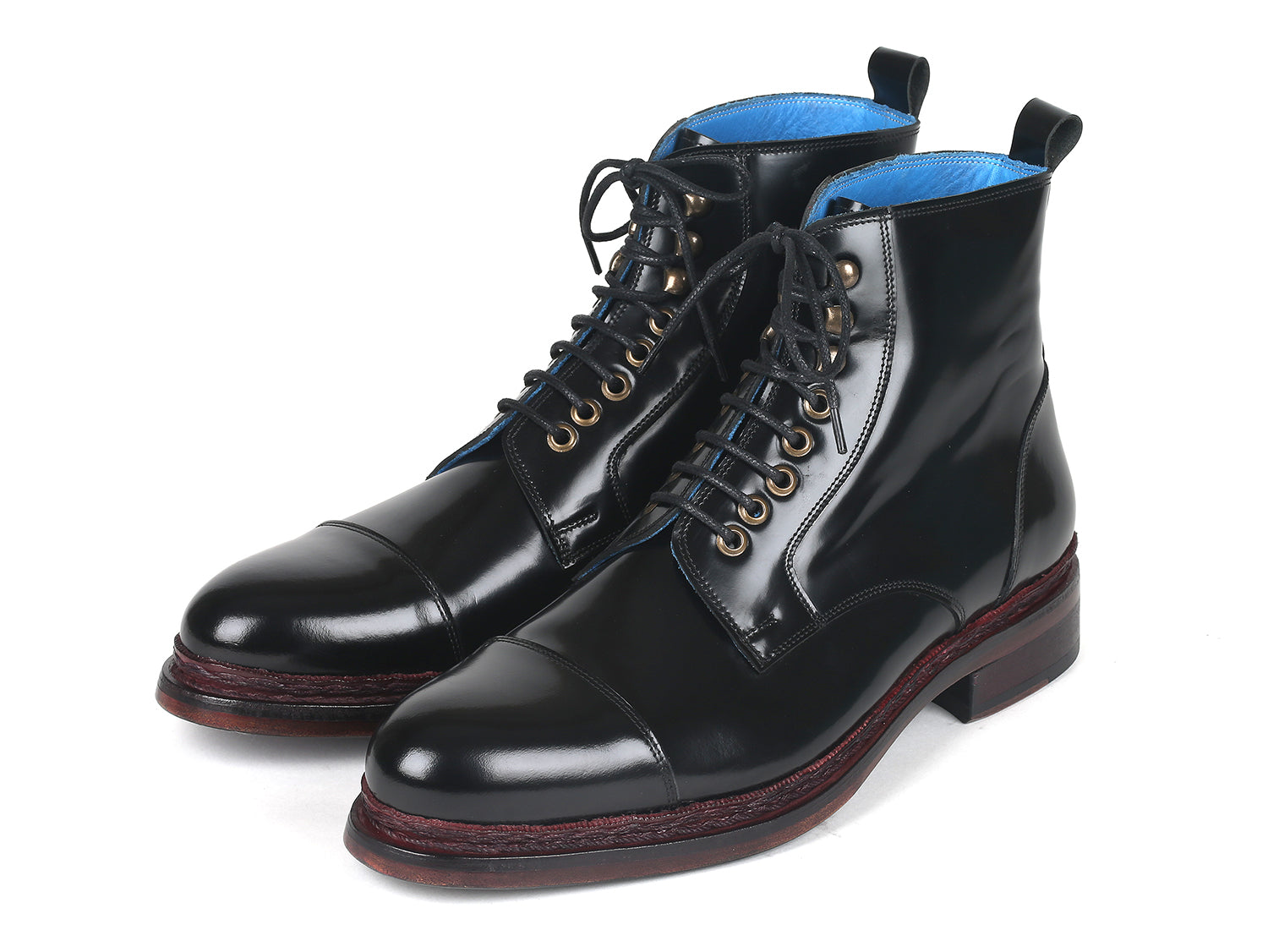 Paul Parkman Polished Leather Boots in Black featuring a cap toe design, Norwegian hand-welted construction, and unique hand-painted leather sole.