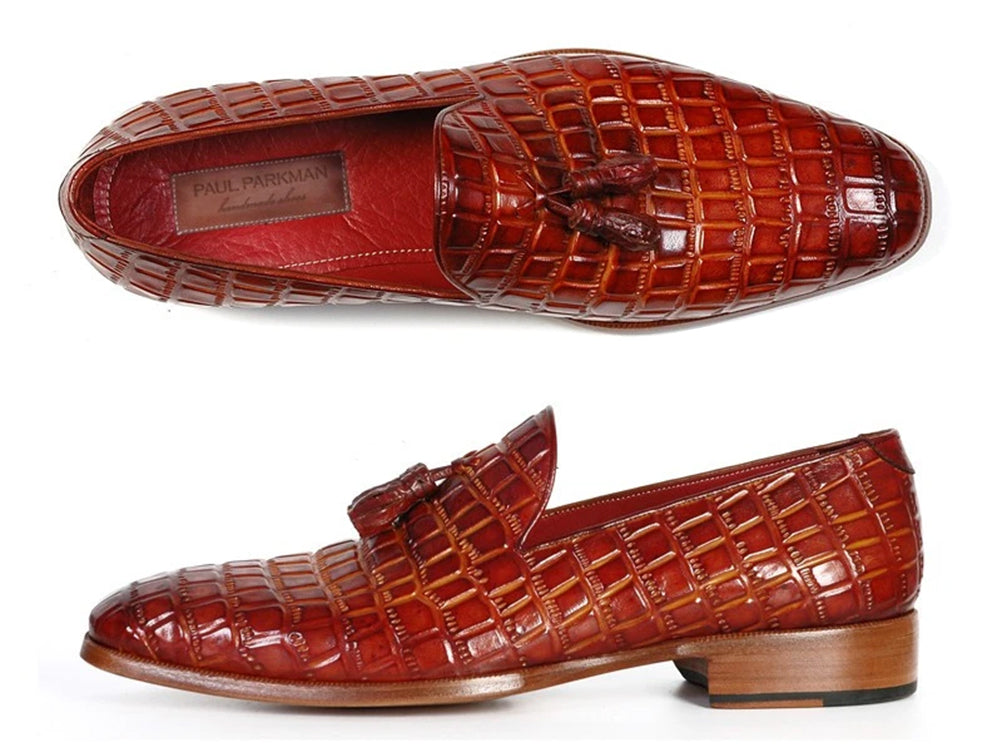 Paul Parkman Reddish Camel Croc Embossed Calfskin Tassel Loafer showcasing unique hand-painted finish and luxurious design.