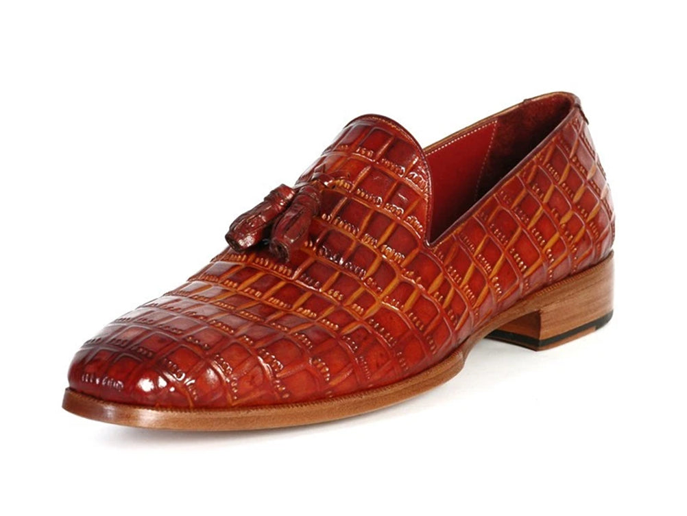 Paul Parkman Reddish Camel Croc Embossed Calfskin Tassel Loafer showcasing unique hand-painted finish and luxurious design.