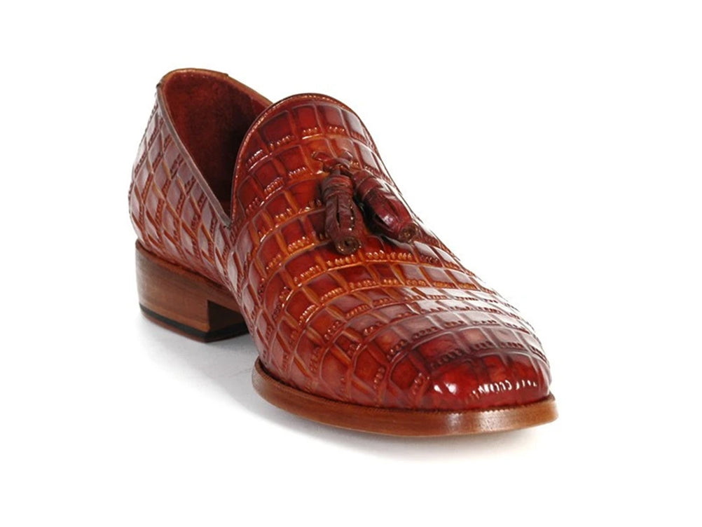 Paul Parkman Reddish Camel Croc Embossed Calfskin Tassel Loafer showcasing unique hand-painted finish and luxurious design.