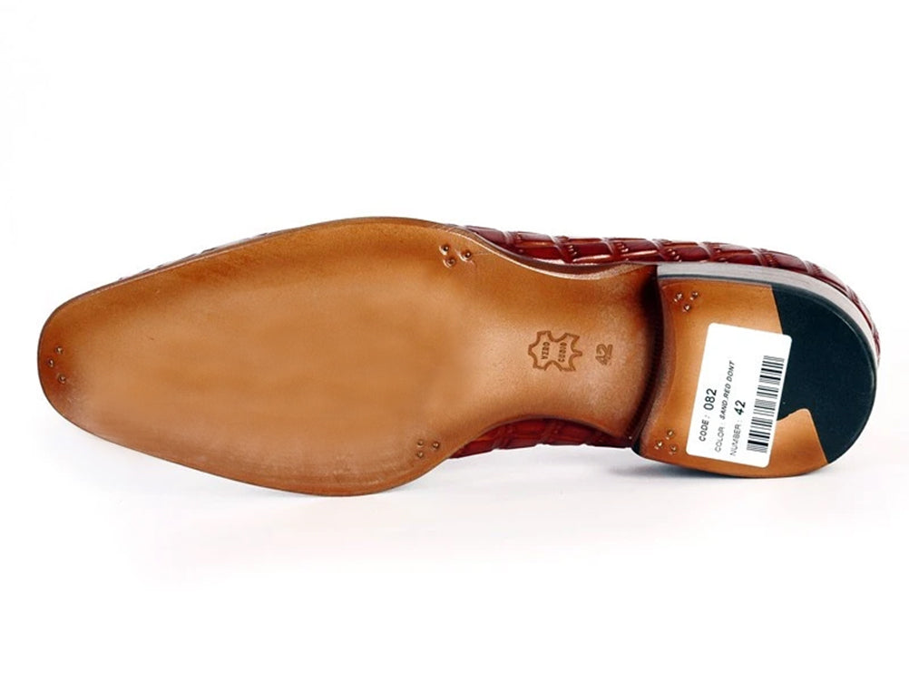 Paul Parkman Reddish Camel Croc Embossed Calfskin Tassel Loafer showcasing unique hand-painted finish and luxurious design.