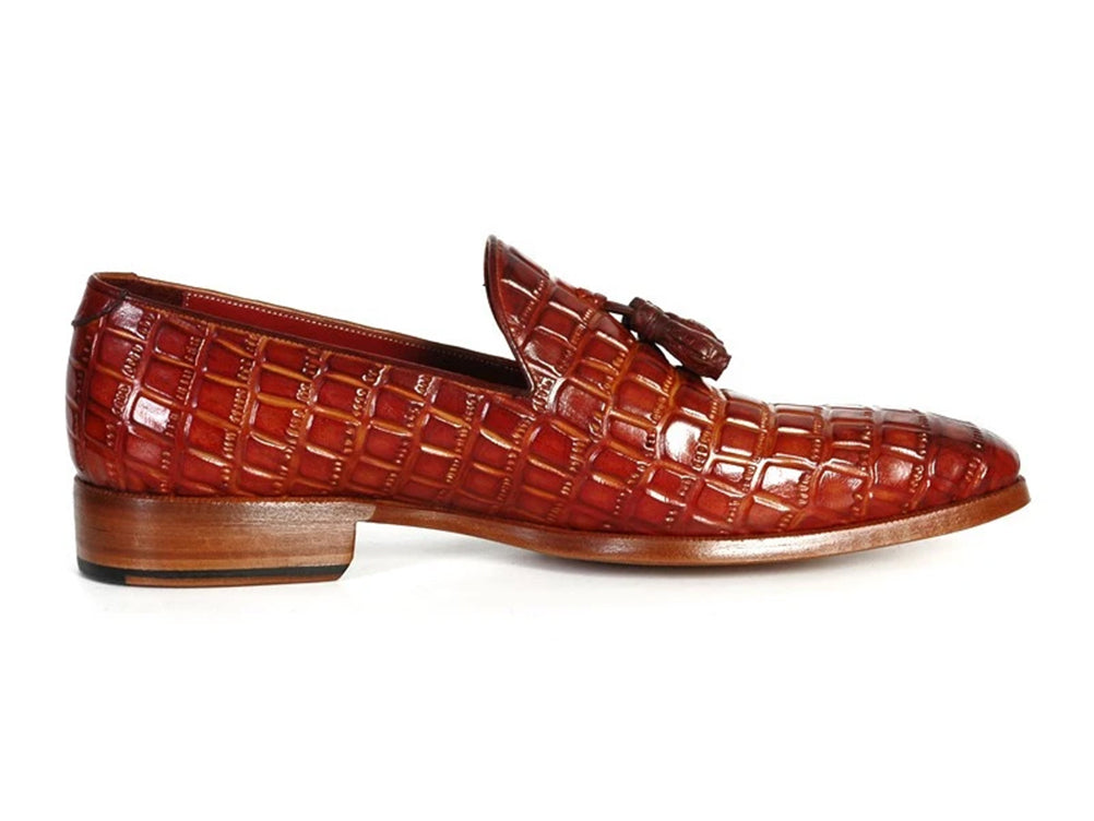 Paul Parkman Reddish Camel Croc Embossed Calfskin Tassel Loafer showcasing unique hand-painted finish and luxurious design.