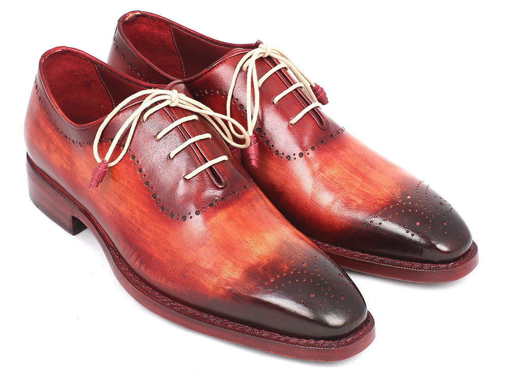 Paul Parkman Reddish Camel Medallion Toe Oxfords showcasing hand-painted reddish camel leather, elegant medallion toe design, and leather-wrapped beige laces.