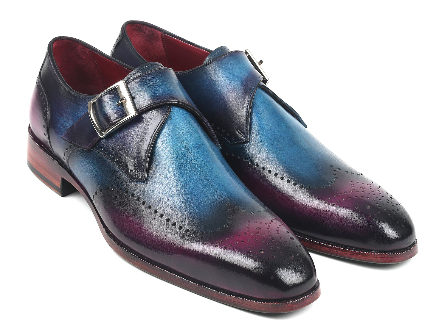 Paul Parkman Single Monkstraps in Blue and Purple, showcasing hand-painted leather upper and turquoise sole.