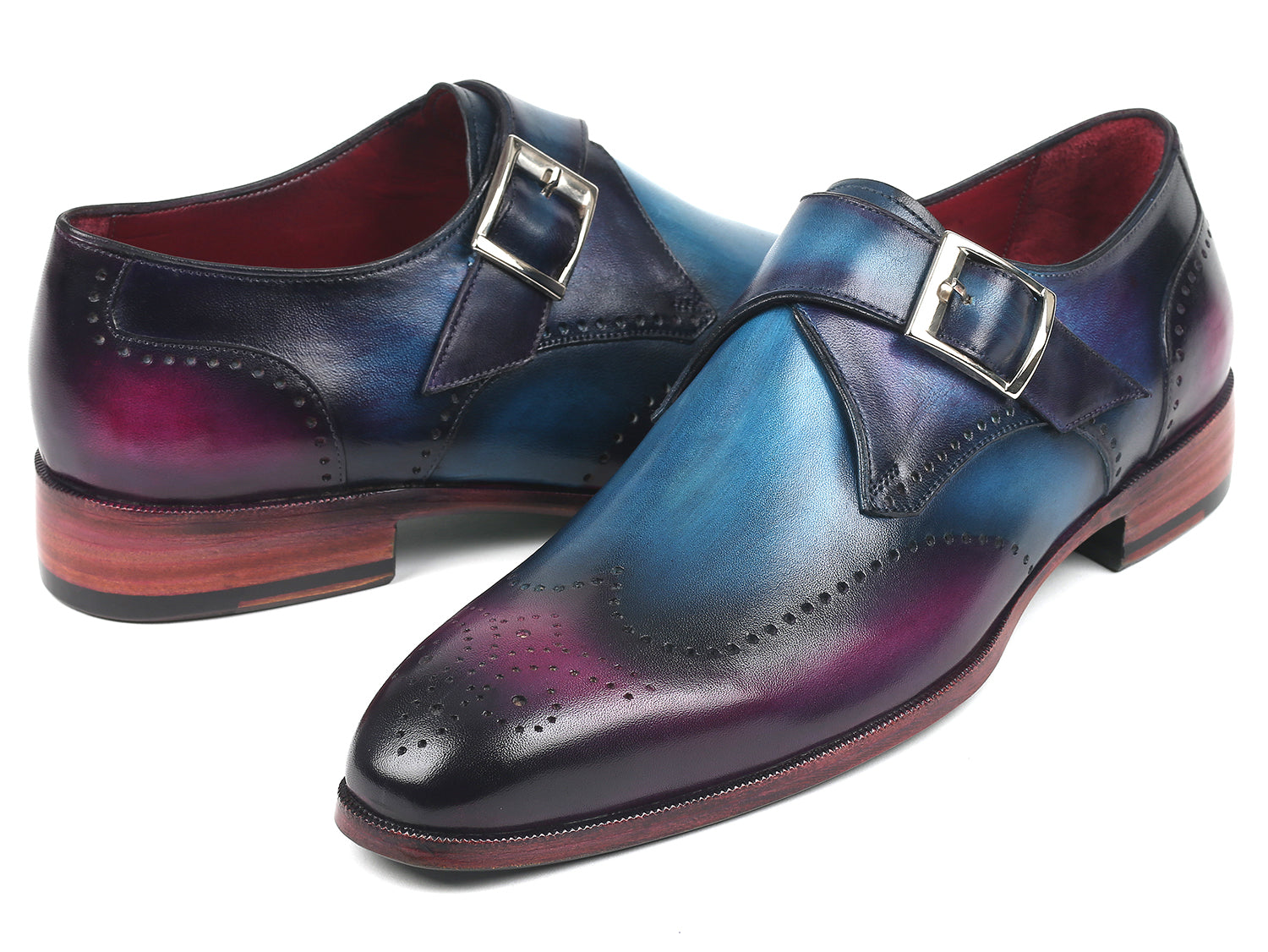 Paul Parkman Single Monkstraps in Blue and Purple, showcasing hand-painted leather upper and turquoise sole.