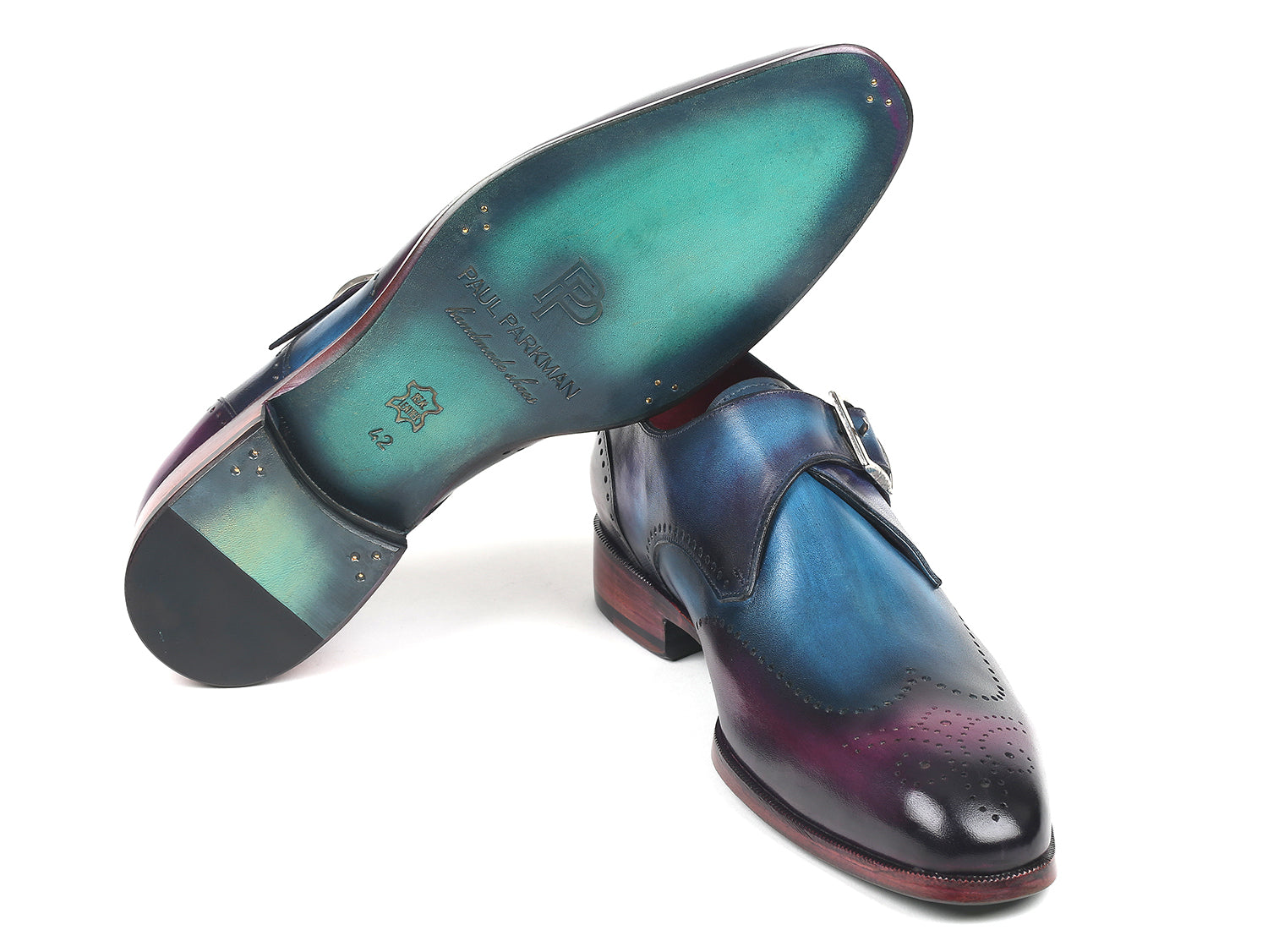 Paul Parkman Single Monkstraps in Blue and Purple, showcasing hand-painted leather upper and turquoise sole.