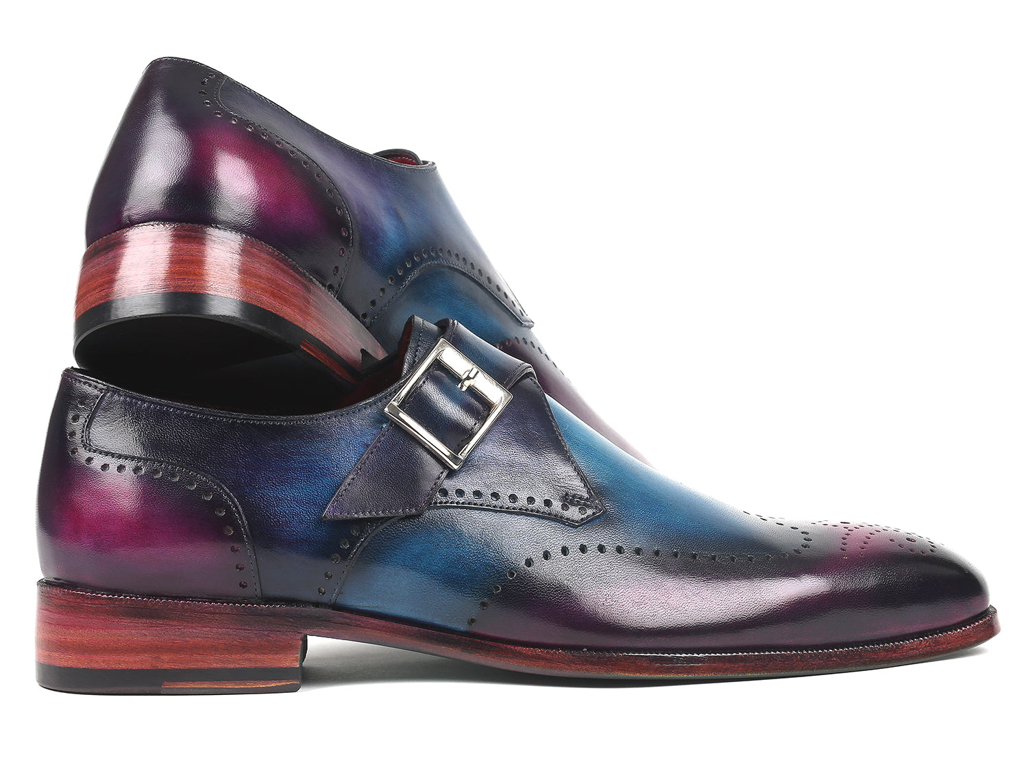 Paul Parkman Single Monkstraps in Blue and Purple, showcasing hand-painted leather upper and turquoise sole.