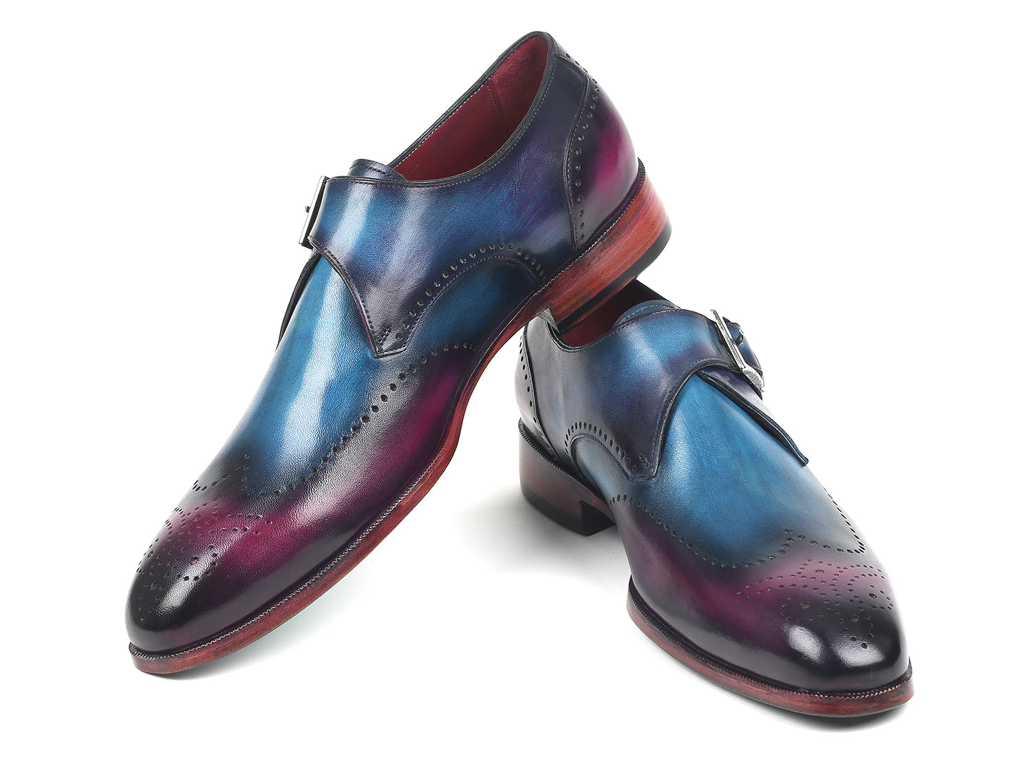 Paul Parkman Single Monkstraps in Blue and Purple, showcasing hand-painted leather upper and turquoise sole.