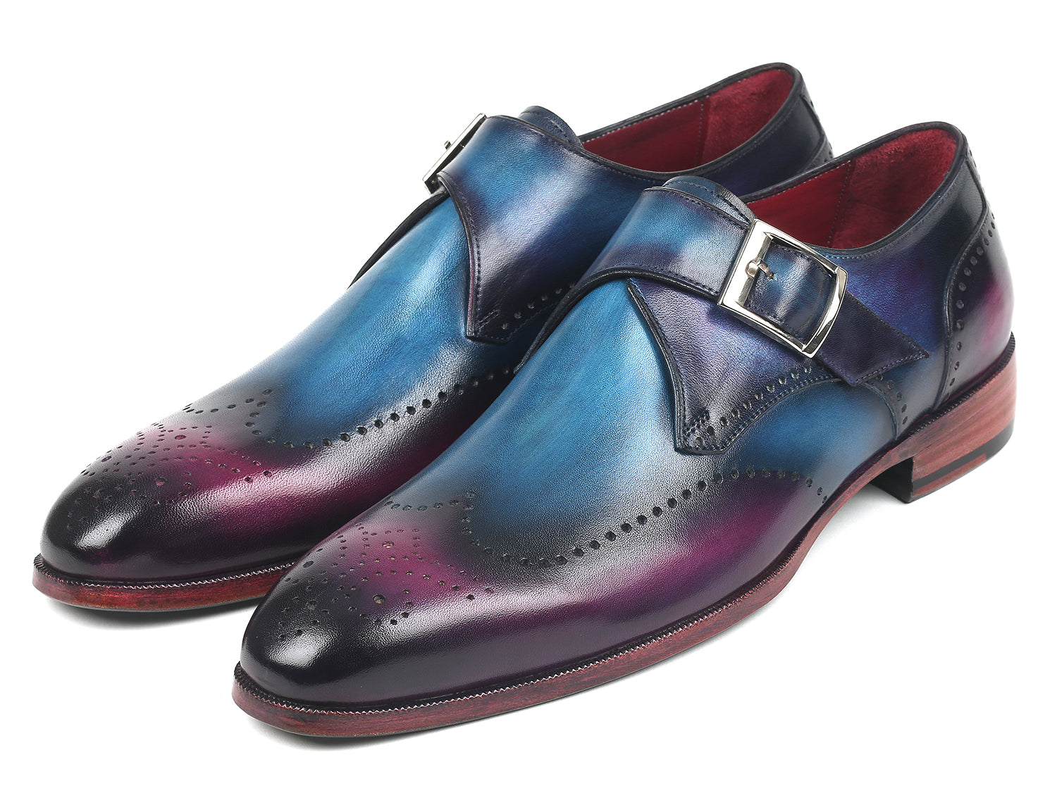 Paul Parkman Single Monkstraps in Blue and Purple, showcasing hand-painted leather upper and turquoise sole.