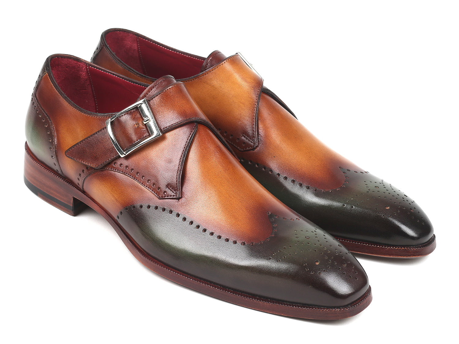 Paul Parkman Single Monkstraps in Green & Camel, showcasing hand-painted leather and elegant wingtip design.