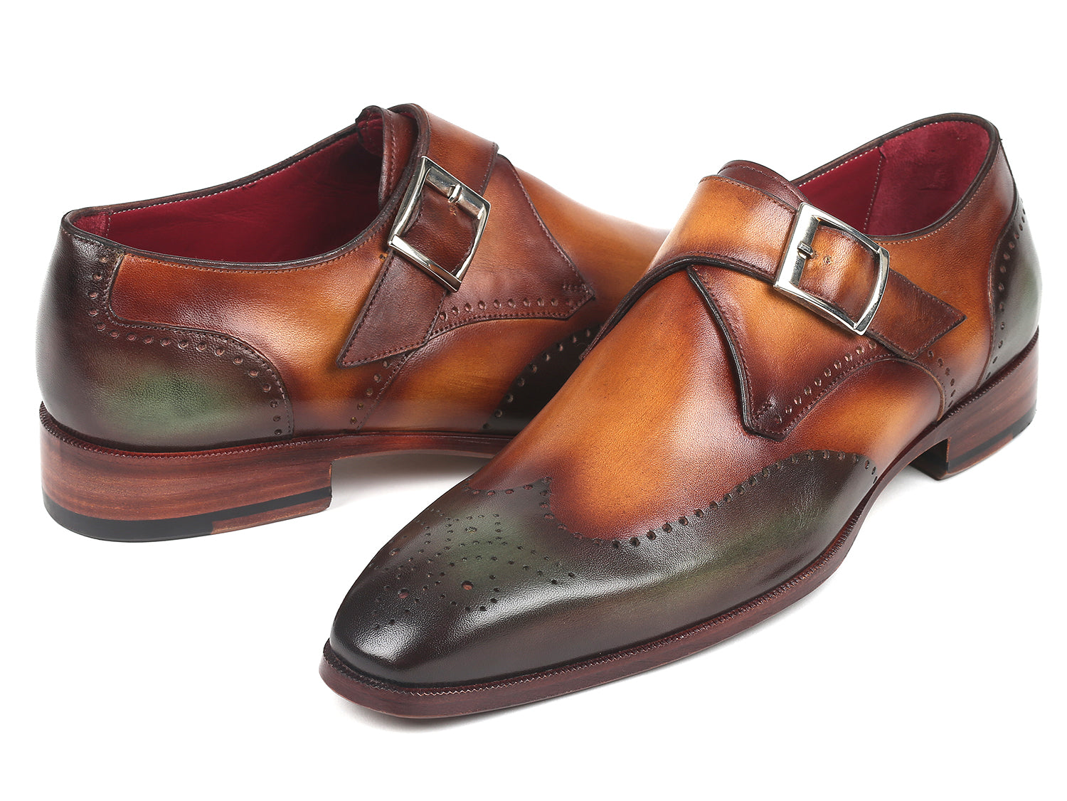 Paul Parkman Single Monkstraps in Green & Camel, showcasing hand-painted leather and elegant wingtip design.