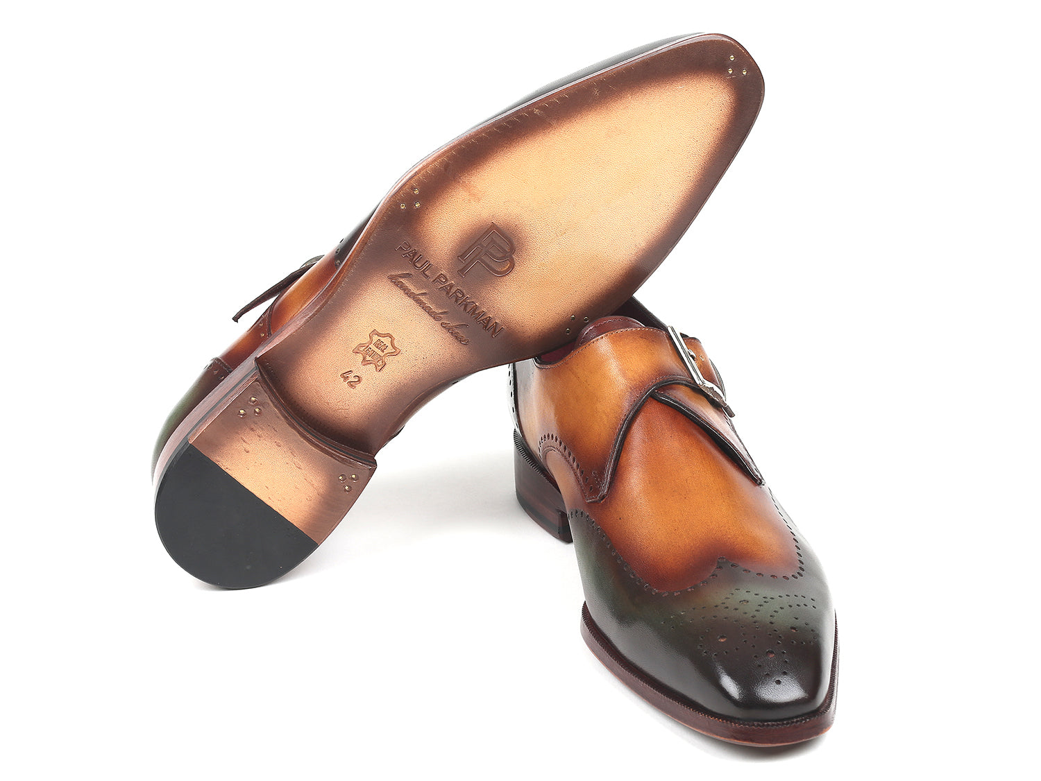 Paul Parkman Single Monkstraps in Green & Camel, showcasing hand-painted leather and elegant wingtip design.