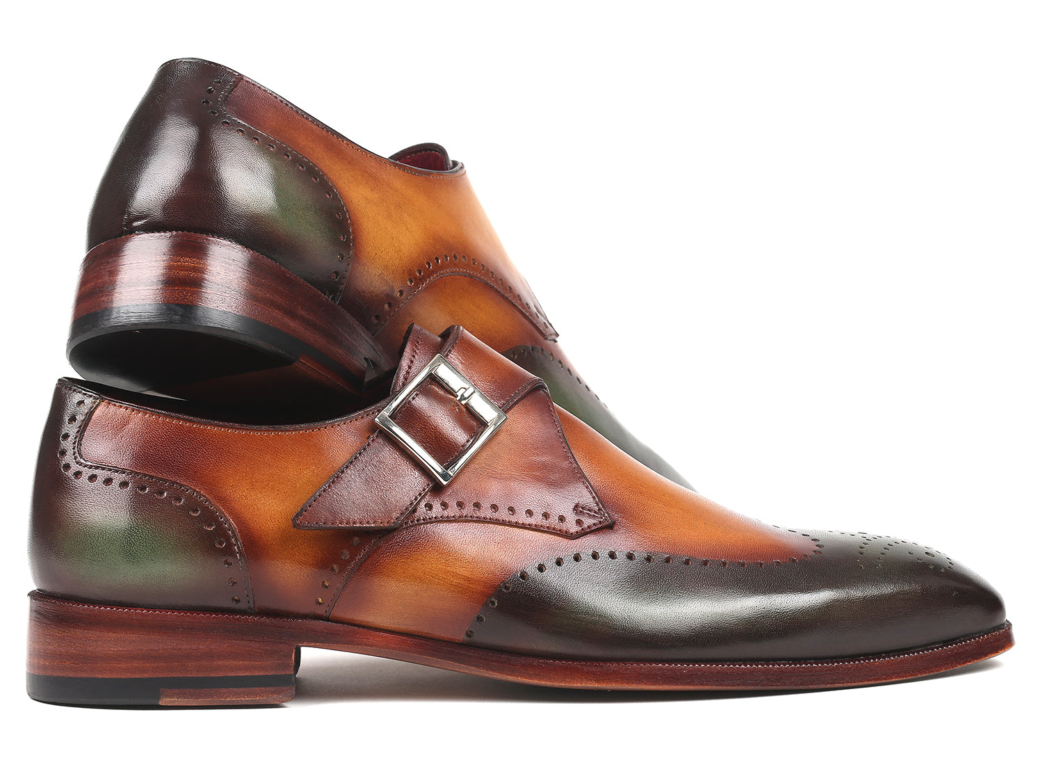 Paul Parkman Single Monkstraps in Green & Camel, showcasing hand-painted leather and elegant wingtip design.