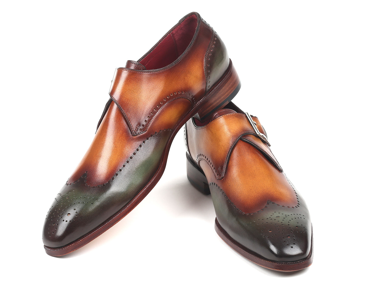 Paul Parkman Single Monkstraps in Green & Camel, showcasing hand-painted leather and elegant wingtip design.