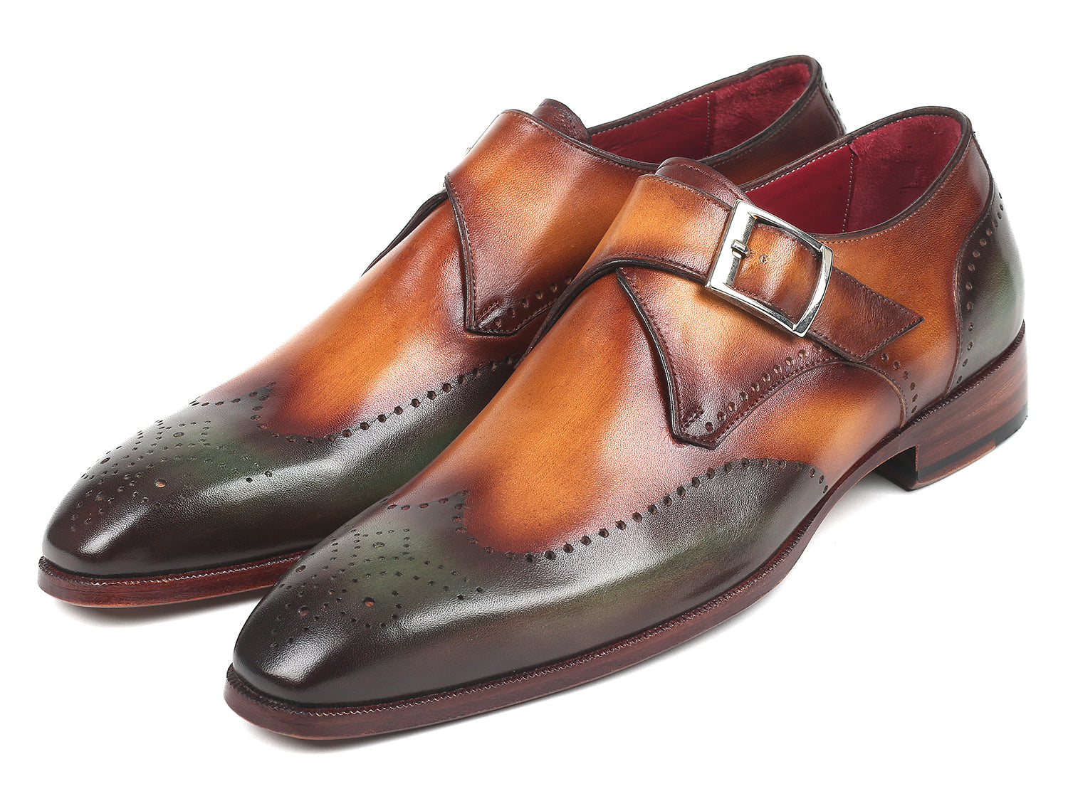 Paul Parkman Single Monkstraps in Green & Camel, showcasing hand-painted leather and elegant wingtip design.