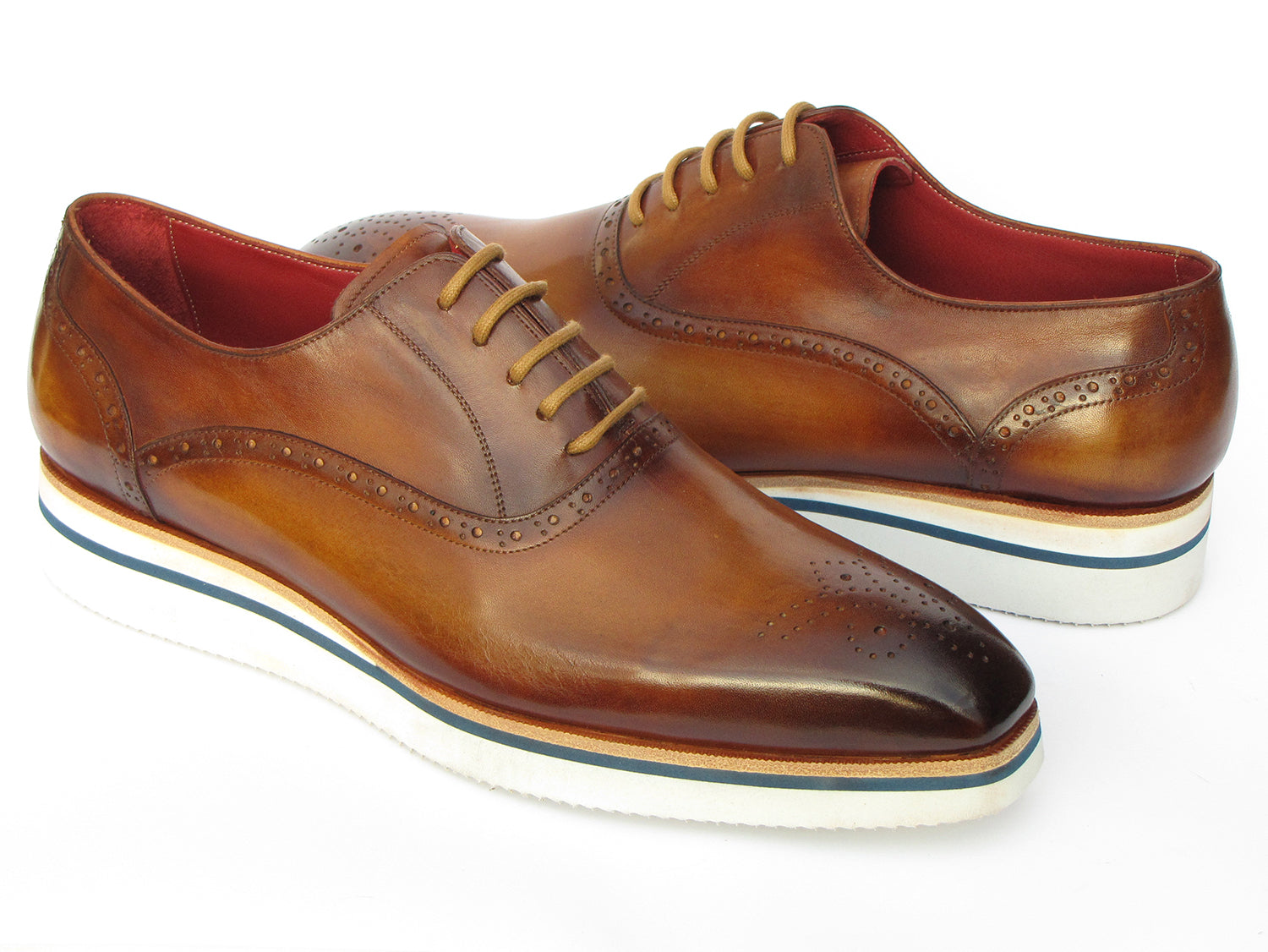 Paul Parkman Smart Casual Men's Brown Oxfords featuring a hand-painted brown upper, cream white rubber sole, and perforated medallion toe design.