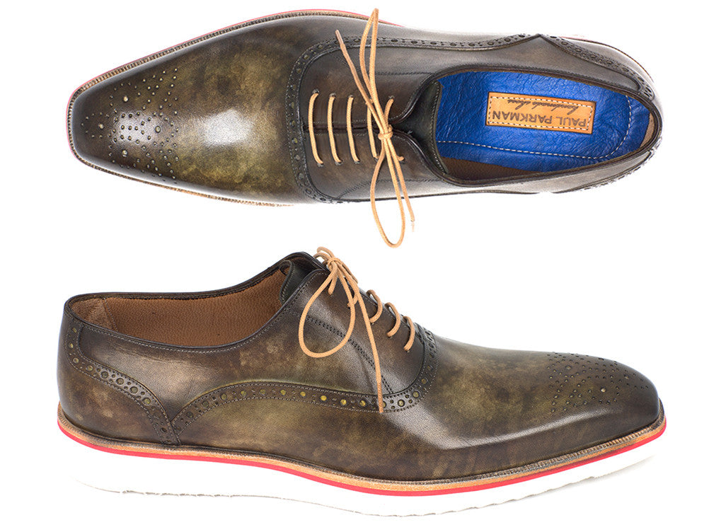 Paul Parkman Smart Casual Oxford Shoes for Men in army green with cream white rubber sole and perforated medallion toe design.