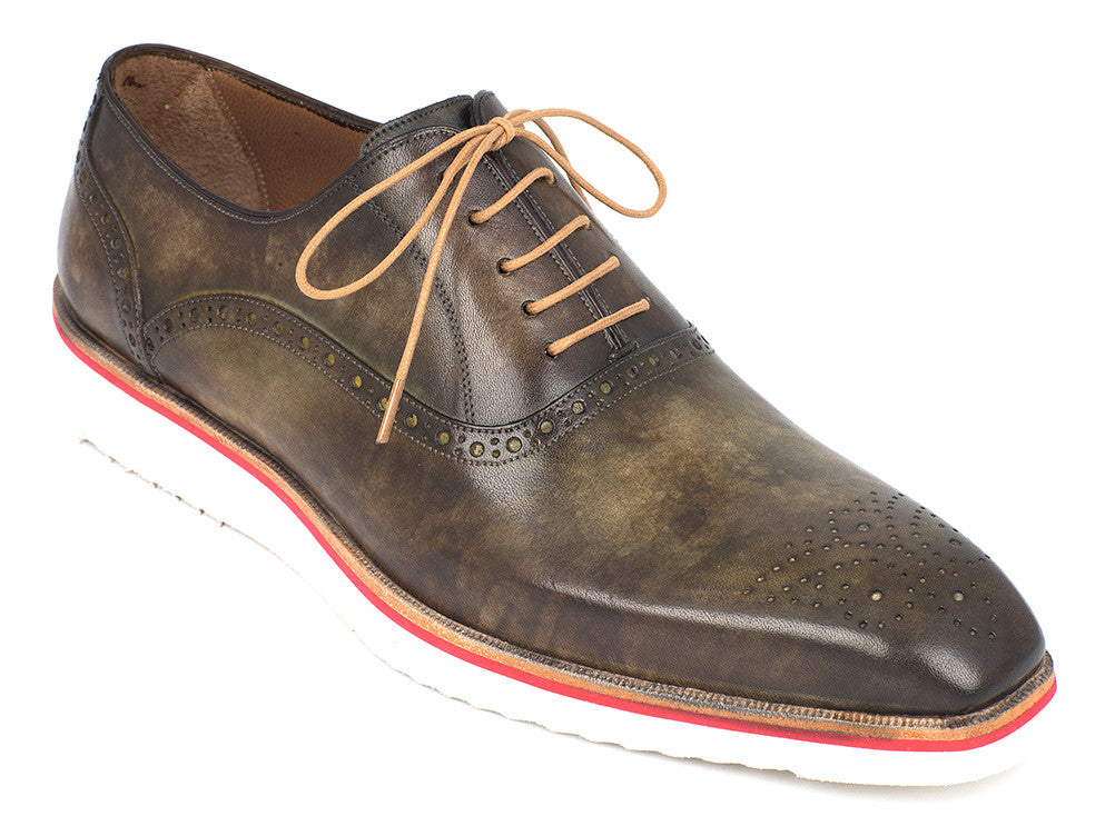 Paul Parkman Smart Casual Oxford Shoes for Men in army green with cream white rubber sole and perforated medallion toe design.