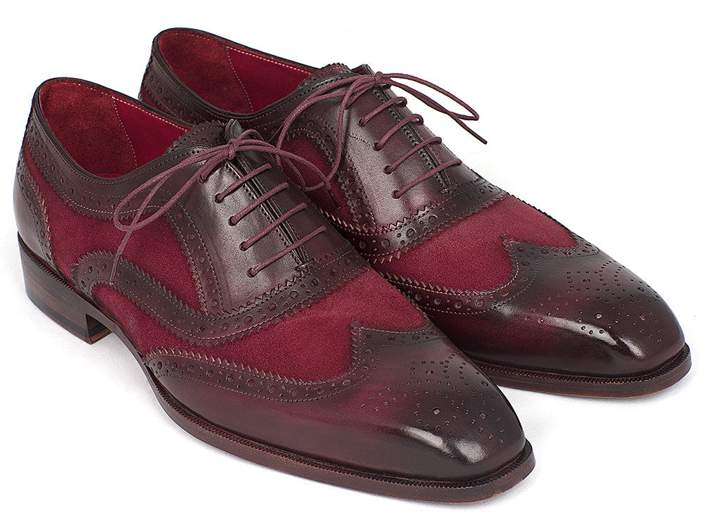 Paul Parkman Suede & Calfskin Men's Wingtip Oxfords in Bordeaux, showcasing luxurious suede and calfskin materials with intricate brogue detailing.