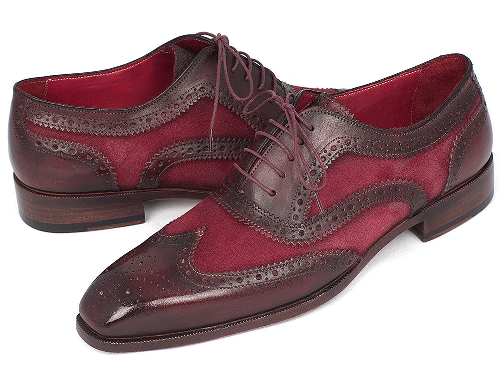 Paul Parkman Suede & Calfskin Men's Wingtip Oxfords in Bordeaux, showcasing luxurious suede and calfskin materials with intricate brogue detailing.