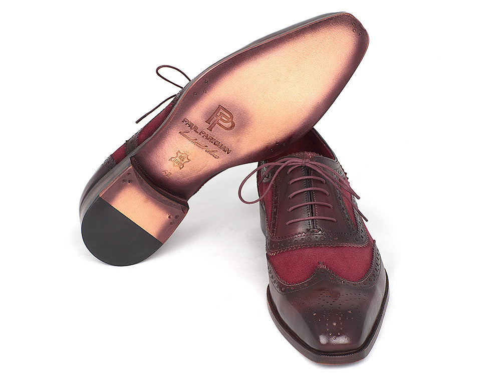 Paul Parkman Suede & Calfskin Men's Wingtip Oxfords in Bordeaux, showcasing luxurious suede and calfskin materials with intricate brogue detailing.