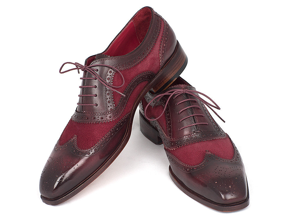 Paul Parkman Suede & Calfskin Men's Wingtip Oxfords in Bordeaux, showcasing luxurious suede and calfskin materials with intricate brogue detailing.