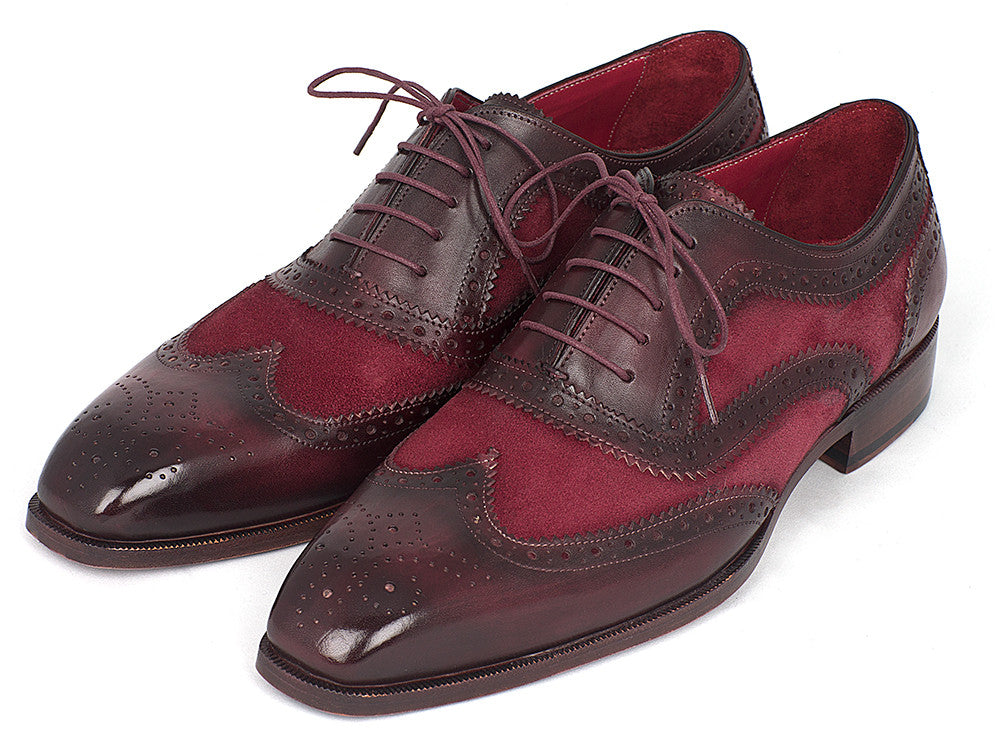 Paul Parkman Suede & Calfskin Men's Wingtip Oxfords in Bordeaux, showcasing luxurious suede and calfskin materials with intricate brogue detailing.