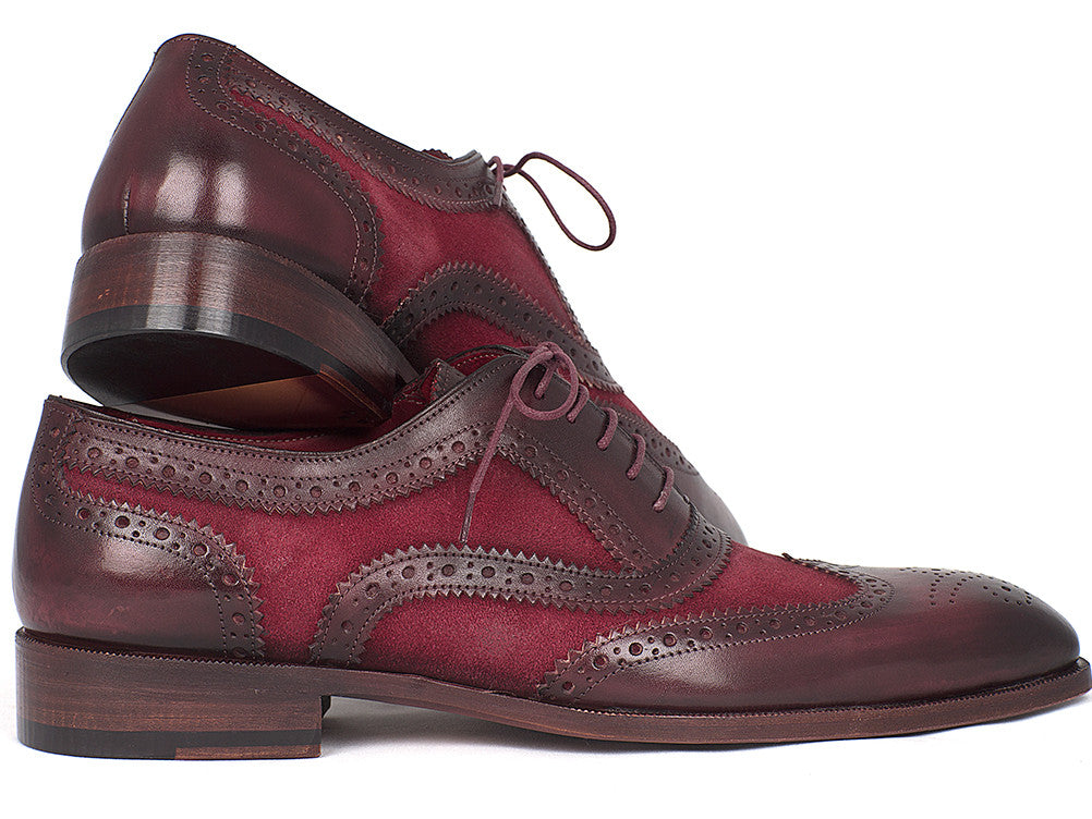 Paul Parkman Suede & Calfskin Men's Wingtip Oxfords in Bordeaux, showcasing luxurious suede and calfskin materials with intricate brogue detailing.