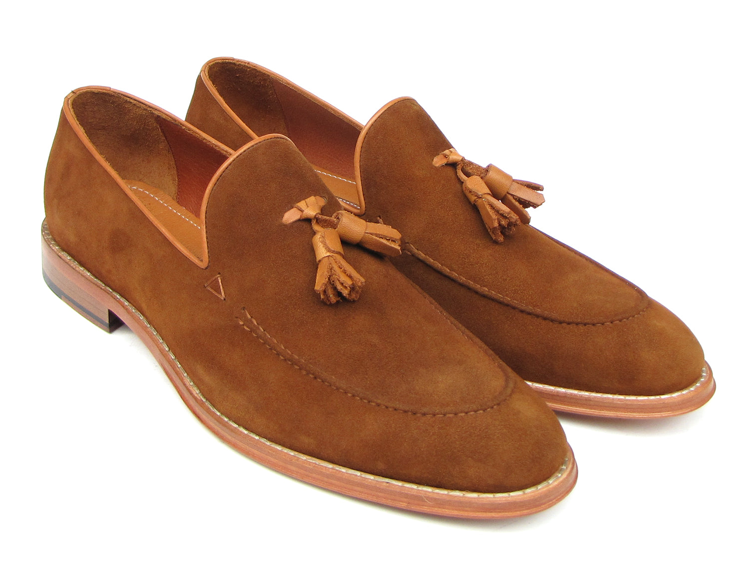 Paul Parkman Tassel Loafers in Tobacco Suede featuring a luxurious suede upper, leather sole, and camel leather lining.