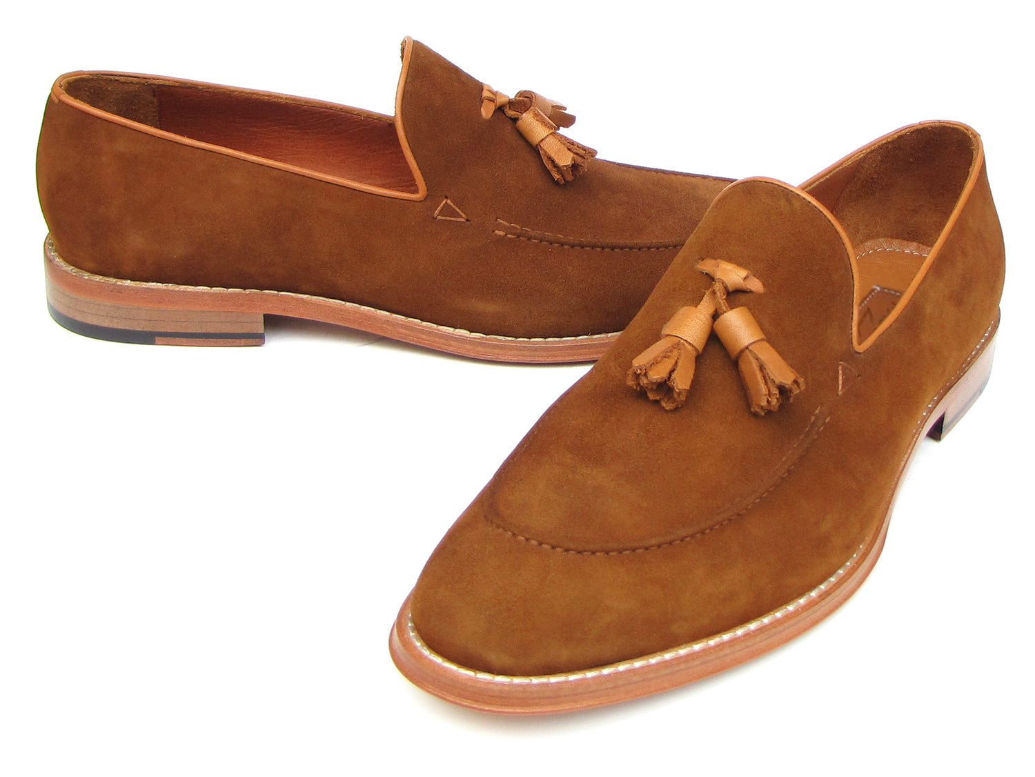 Paul Parkman Tassel Loafers in Tobacco Suede featuring a luxurious suede upper, leather sole, and camel leather lining.