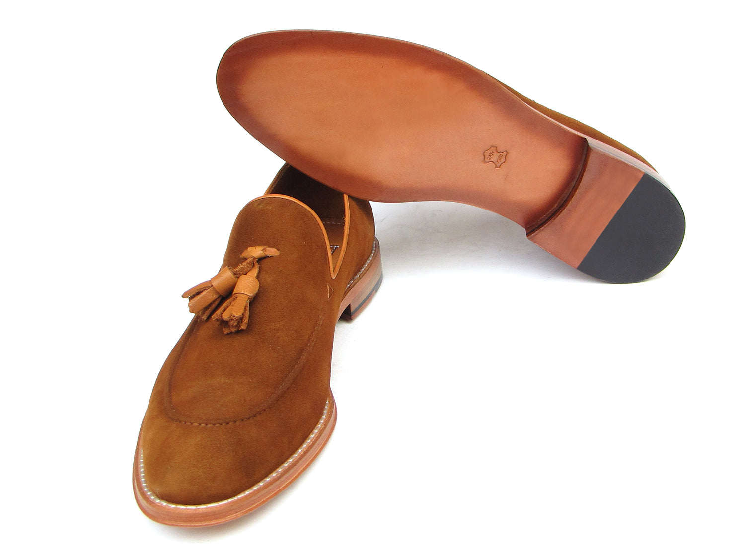 Paul Parkman Tassel Loafers in Tobacco Suede featuring a luxurious suede upper, leather sole, and camel leather lining.