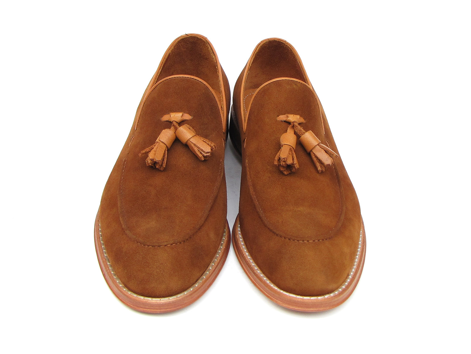 Paul Parkman Tassel Loafers in Tobacco Suede featuring a luxurious suede upper, leather sole, and camel leather lining.