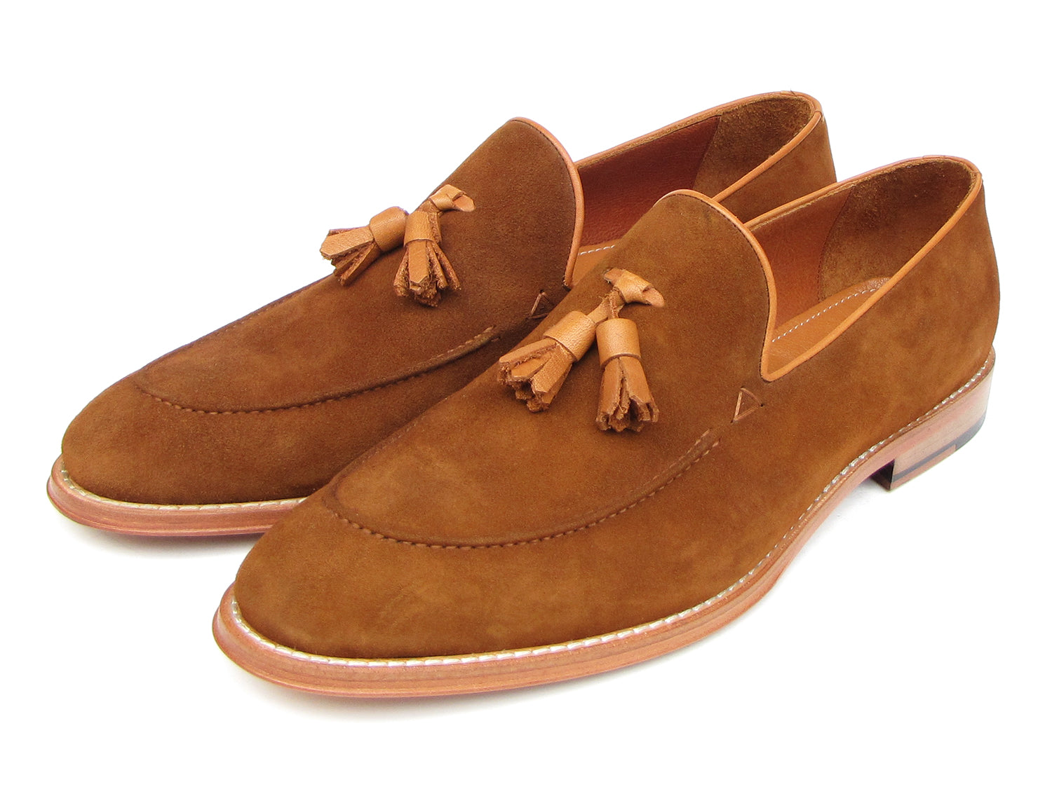 Paul Parkman Tassel Loafers in Tobacco Suede featuring a luxurious suede upper, leather sole, and camel leather lining.