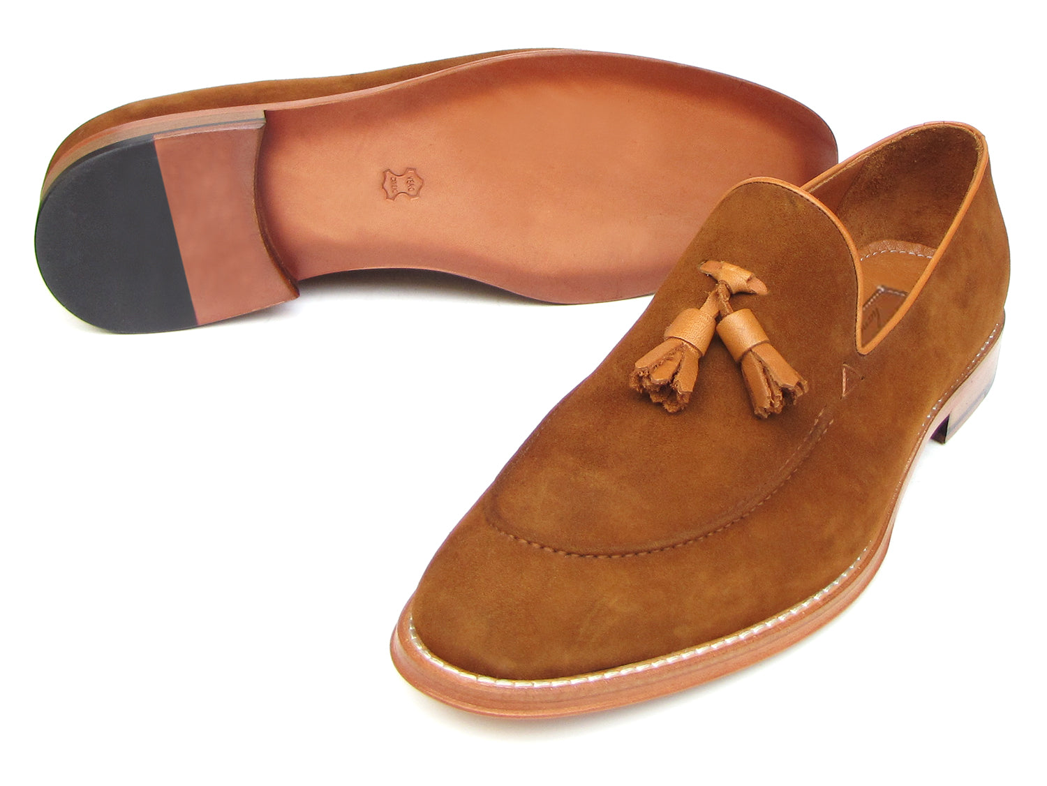 Paul Parkman Tassel Loafers in Tobacco Suede featuring a luxurious suede upper, leather sole, and camel leather lining.