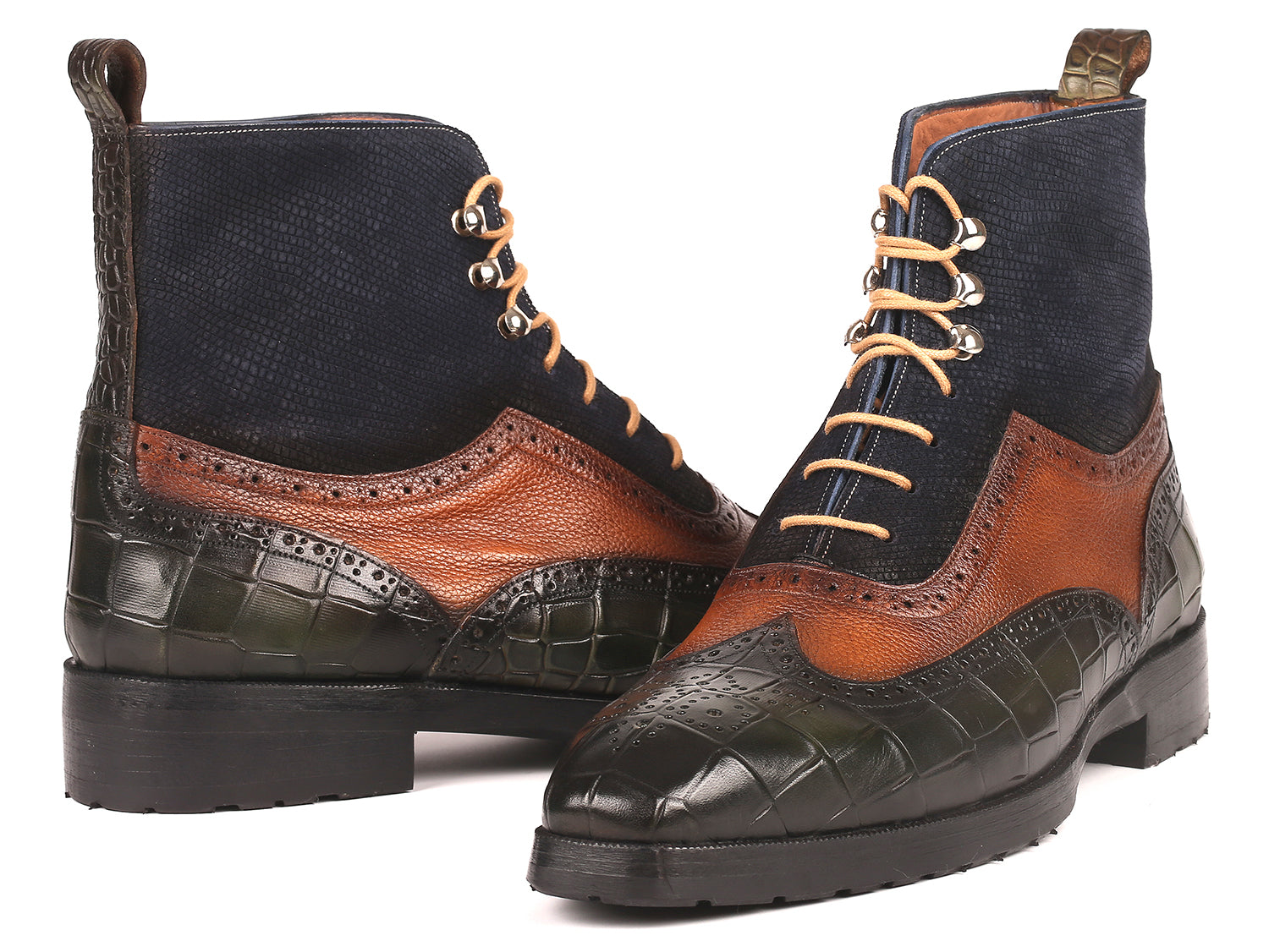 Paul Parkman Three Tone Wingtip Boots featuring green crocodile embossed calfskin, brown burnished leather, and navy suede with a rubber sole.