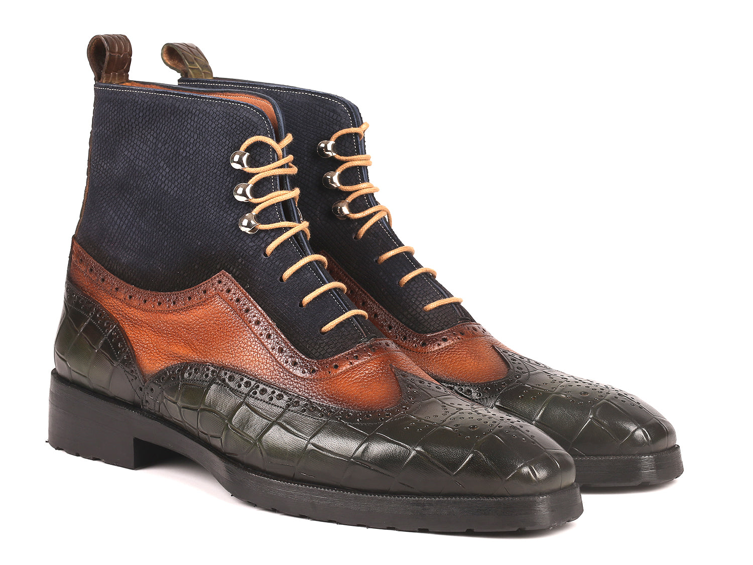 Paul Parkman Three Tone Wingtip Boots featuring green crocodile embossed calfskin, brown burnished leather, and navy suede with a rubber sole.