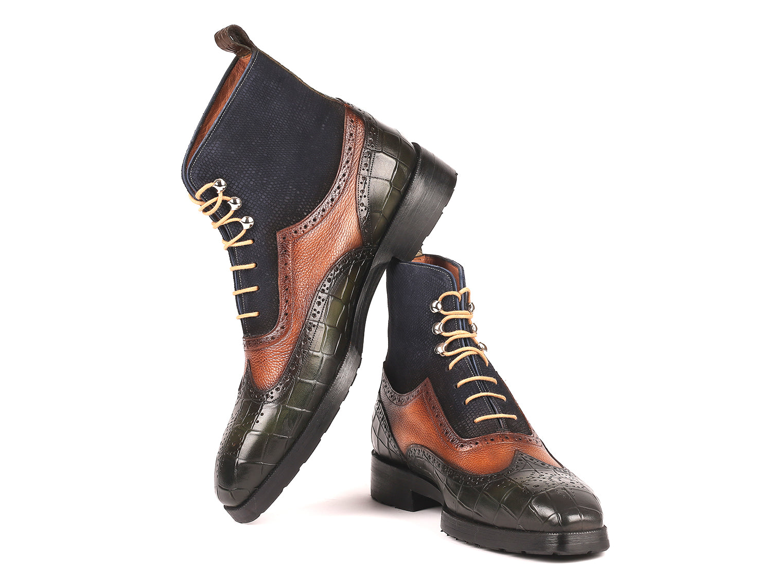 Paul Parkman Three Tone Wingtip Boots featuring green crocodile embossed calfskin, brown burnished leather, and navy suede with a rubber sole.