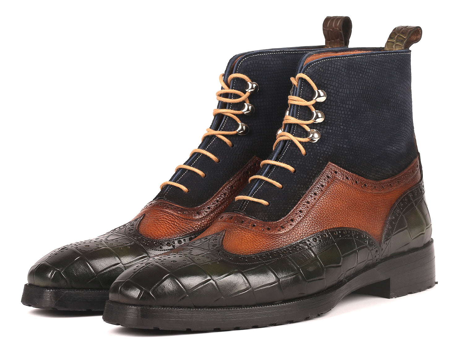 Paul Parkman Three Tone Wingtip Boots featuring green crocodile embossed calfskin, brown burnished leather, and navy suede with a rubber sole.