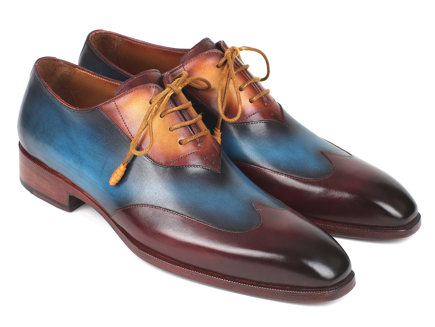 Paul Parkman Three Tone Wingtip Oxfords featuring Bordeaux, Blue, and Camel hand-painted leather upper with a stylish wingtip design.