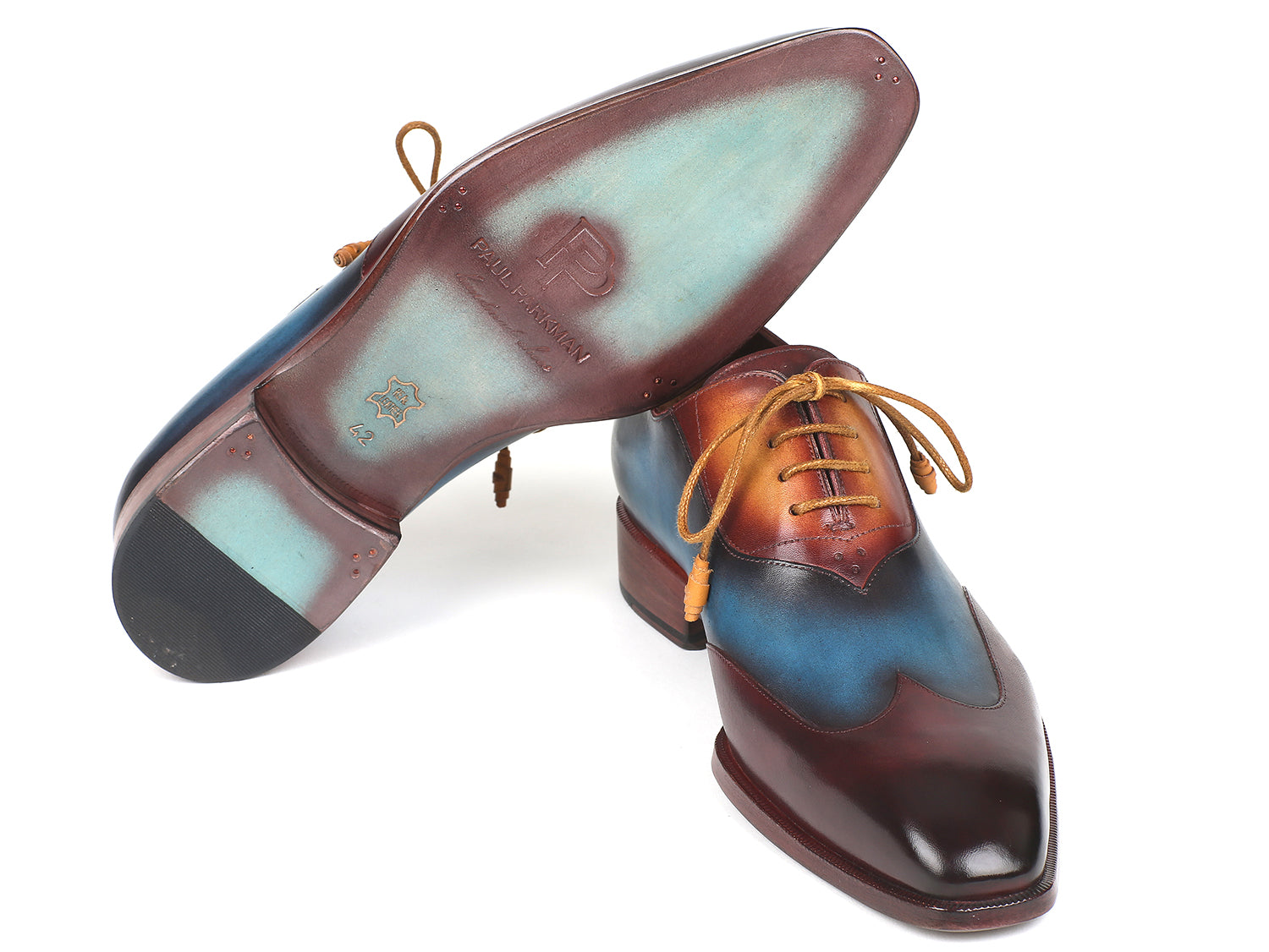 Paul Parkman Three Tone Wingtip Oxfords featuring Bordeaux, Blue, and Camel hand-painted leather upper with a stylish wingtip design.