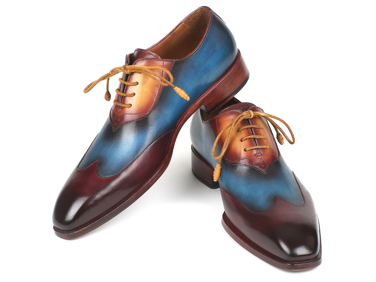 Paul Parkman Three Tone Wingtip Oxfords featuring Bordeaux, Blue, and Camel hand-painted leather upper with a stylish wingtip design.