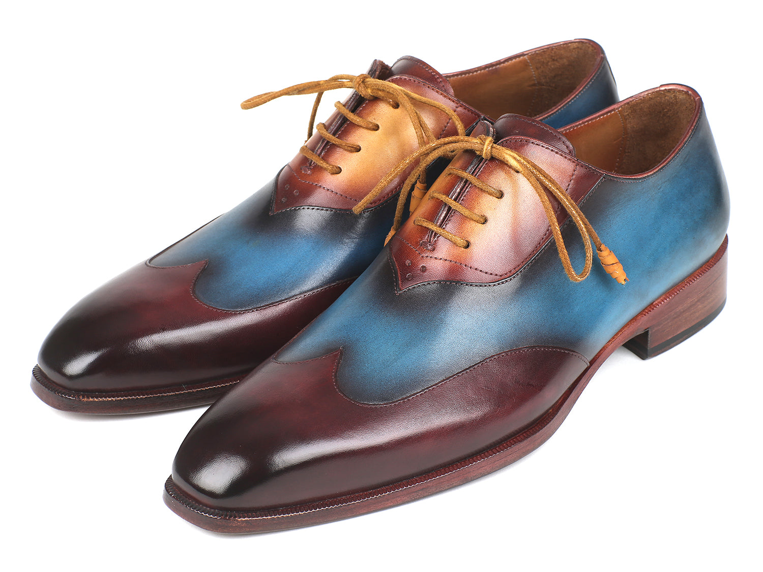 Paul Parkman Three Tone Wingtip Oxfords featuring Bordeaux, Blue, and Camel hand-painted leather upper with a stylish wingtip design.