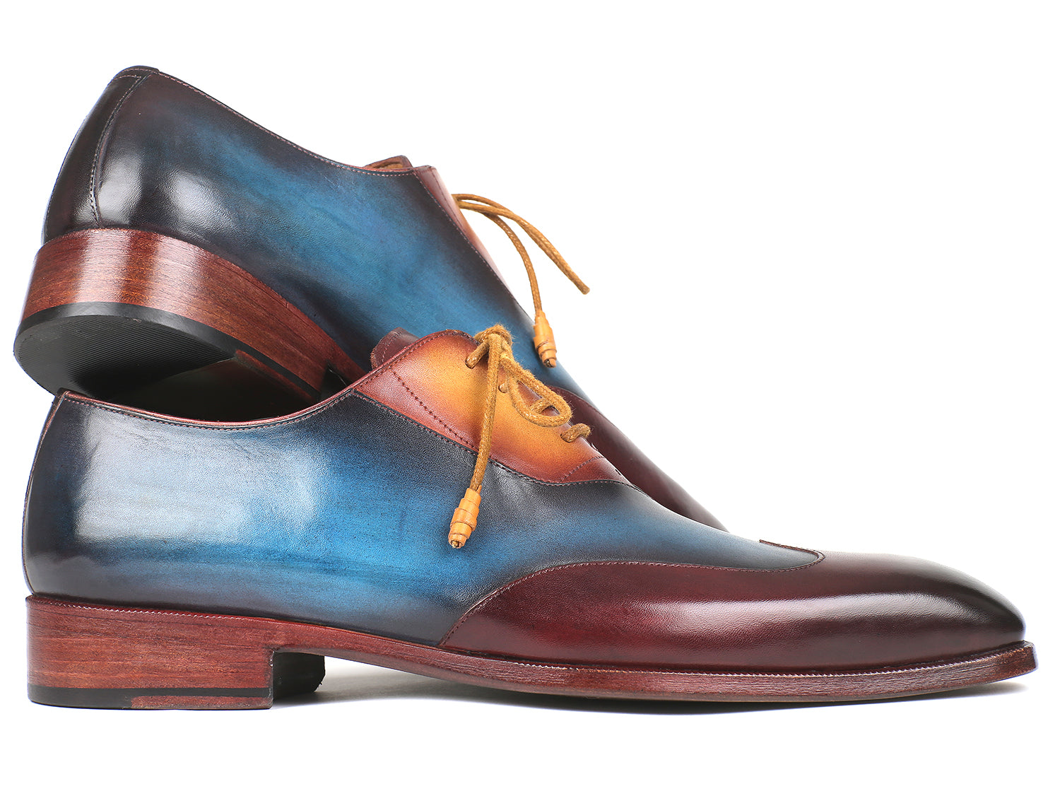 Paul Parkman Three Tone Wingtip Oxfords featuring Bordeaux, Blue, and Camel hand-painted leather upper with a stylish wingtip design.