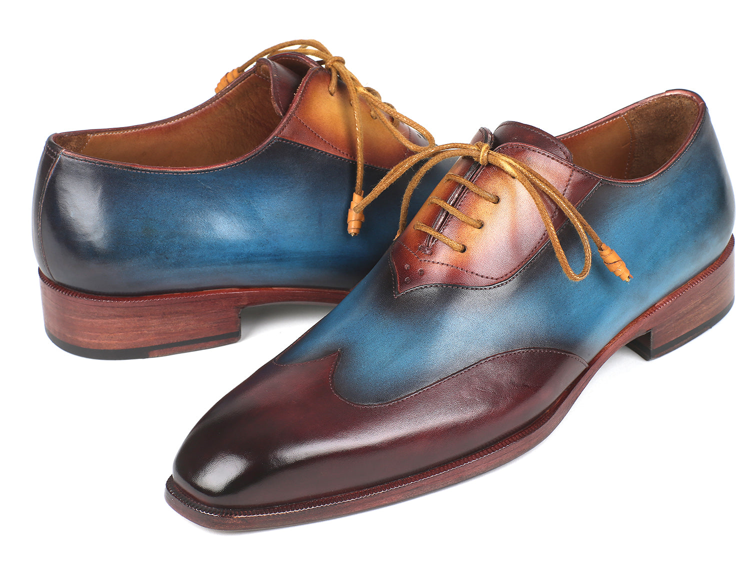 Paul Parkman Three Tone Wingtip Oxfords featuring Bordeaux, Blue, and Camel hand-painted leather upper with a stylish wingtip design.