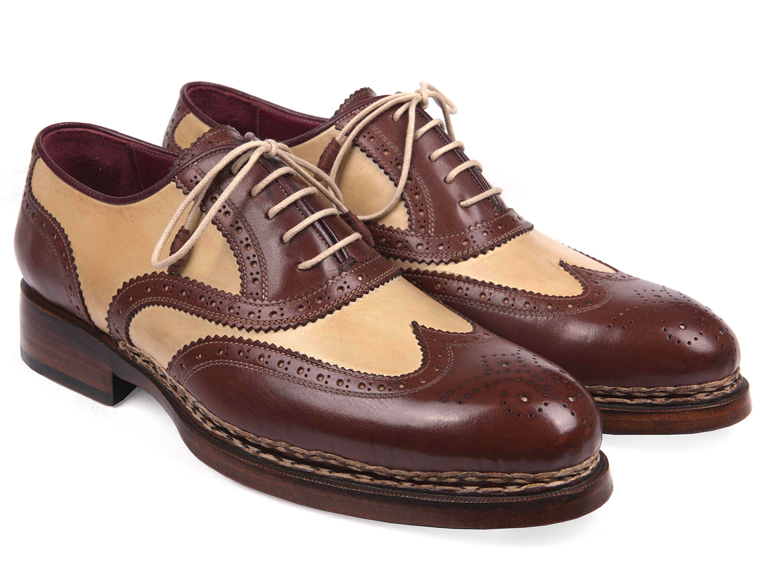 Paul Parkman Triple Leather Sole Goodyear Welted Wingtip Brogues in beige and brown calfskin with antique burnished sole.