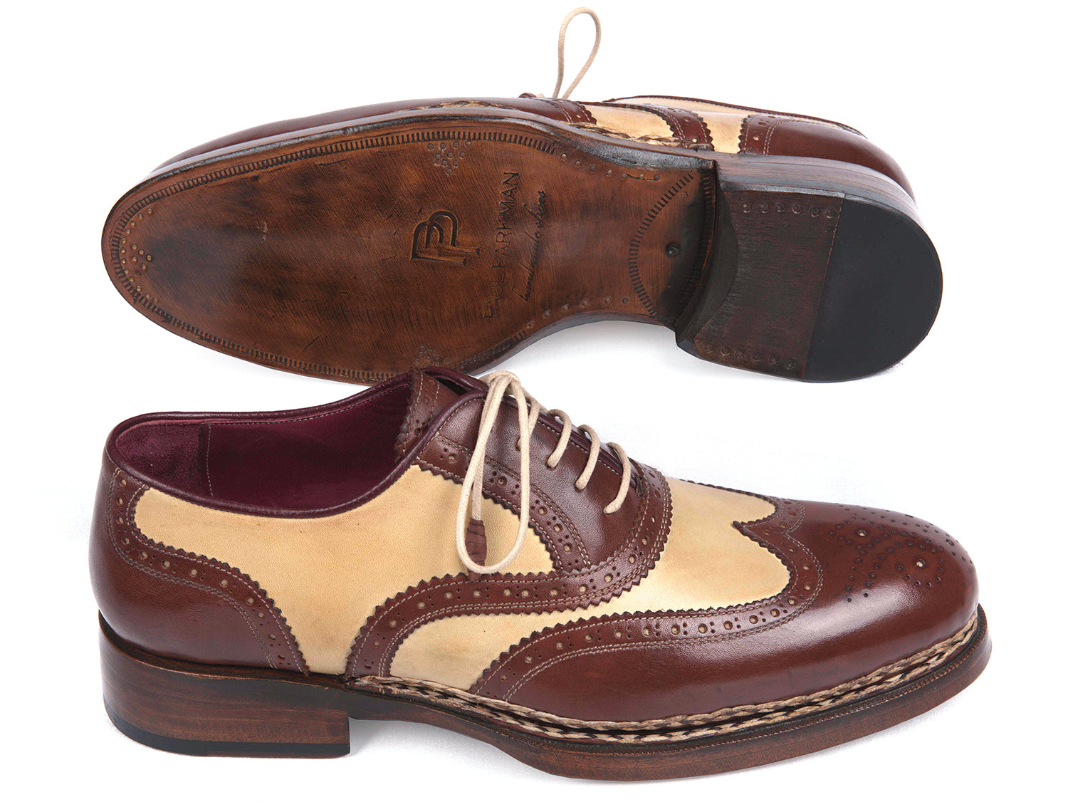 Paul Parkman Triple Leather Sole Goodyear Welted Wingtip Brogues in beige and brown calfskin with antique burnished sole.