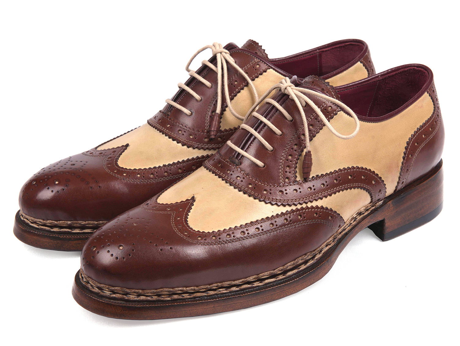 Paul Parkman Triple Leather Sole Goodyear Welted Wingtip Brogues in beige and brown calfskin with antique burnished sole.