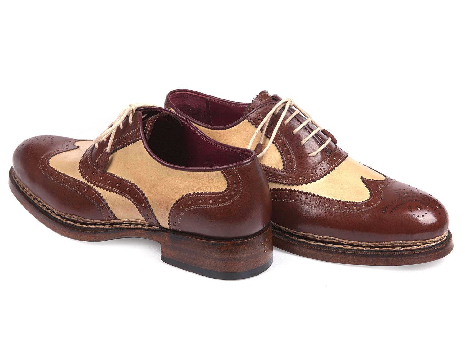 Paul Parkman Triple Leather Sole Goodyear Welted Wingtip Brogues in beige and brown calfskin with antique burnished sole.