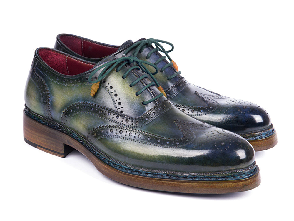 Paul Parkman Triple Leather Sole Wingtip Brogues in green and blue, showcasing hand-painted leather upper and triple leather sole.